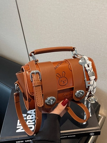 Damen Cartoon Hase Geprägt PU Leder Kissen Umhängetasche Klein Schultertasche Handtasche Schal Griff Anhänger Alltag