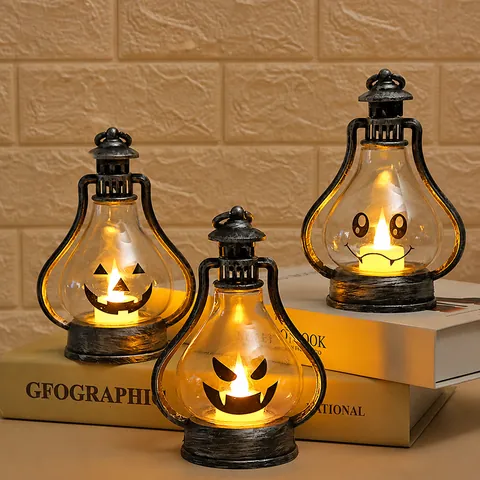 Lanterna a LED Retro di Halloween a Forma di Zucca Luce Notturna Portatile Con Faccia di Fantasma Pipistrello per Festa