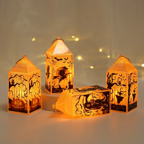 Linterna Retro LED Halloween Calabaza Bruja Esqueleto Espantapájaros Luz Decorativa Colgante para Fiesta Hogar Ornamento