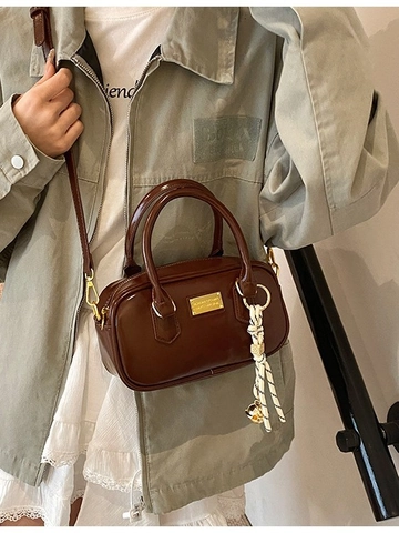 Dames Mode PU Leer Boston Tas Retro Glanzende Handtas Met Sjaal Ornament Crossbody Schoudertas Voor Dames Dagelijks