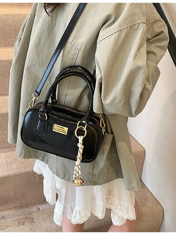 Dames Mode PU Leer Boston Tas Retro Glanzende Handtas Met Sjaal Ornament Crossbody Schoudertas Voor Dames Dagelijks