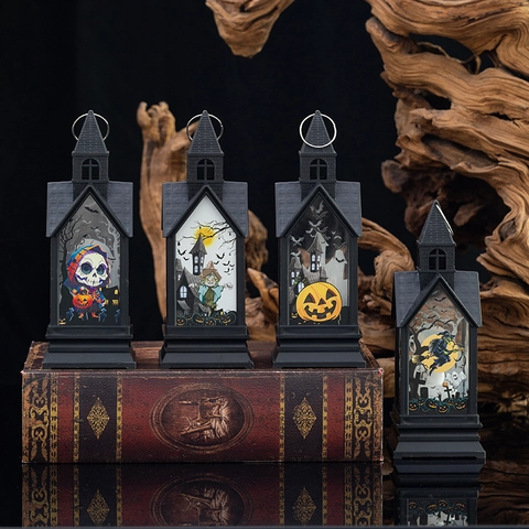 Halloween LED Lantaarn Gotisch Kasteel Ontwerp Met Pompoen Schedel Heks Patronen Voor Feest Thuis Tafel Decoratie Licht