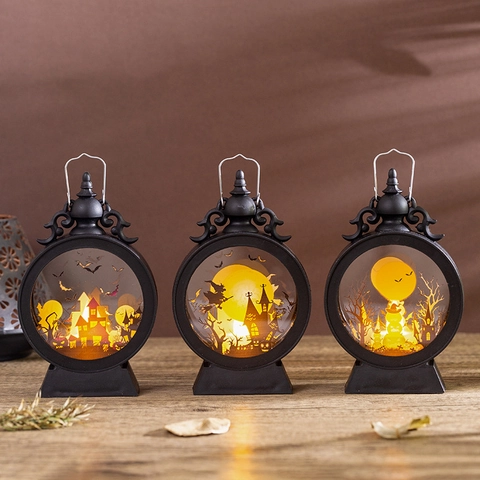 Retro Round Halloween LED Decorative Lantern Battery Operated Electronic Candle Light With Pumpkin Witch Castle Silhouettes For Party Decor