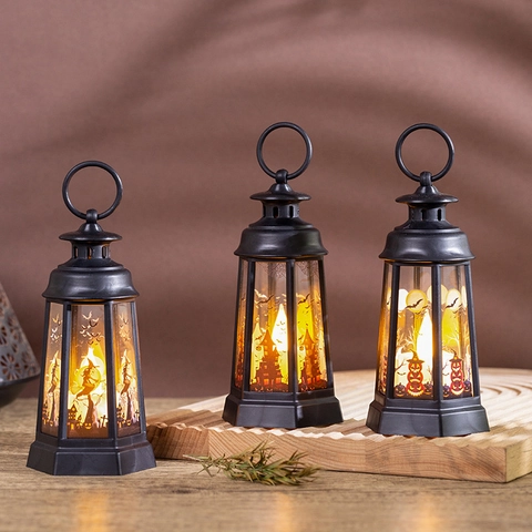 Halloween Retro LED Wind Lantern Pumpkin Witch Skeleton Pattern Hanging Lamp Creative Desktop Ornament Festive Atmosphere Light