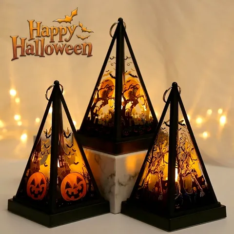 Lanterna a Piramide LED di Halloween Zucca Strega Scheletro Luce Notturna Decorazione da Tavola per Feste Luce Calda Ornamento