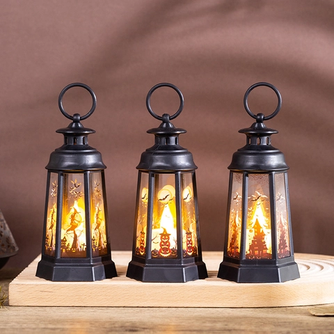 Halloween Retro LED Wind Lantern Pumpkin Witch Skeleton Pattern Hanging Lamp Creative Desktop Ornament Festive Atmosphere Light