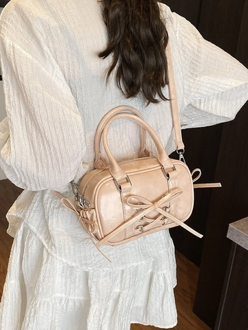 Korean Fashion Bow Boston Handbag For Women Stylish PU Leather Crossbody Pillow Bag With Adjustable Shoulder Strap