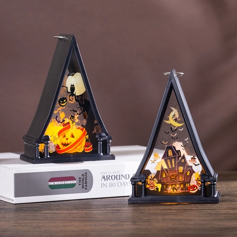 Vintage Halloween LED Wind Lantern Pumpkin Witch Castle Desktop Decorative Hanging Lamp Retro Party Ornament Festive Decor