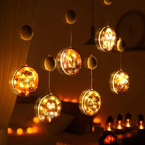 Halloween Luci a LED per Finestra con Ventosa Bagliore Caldo Zucca Fantasma Castello Luci Decorative per Festa Casa Ornamento Festivo