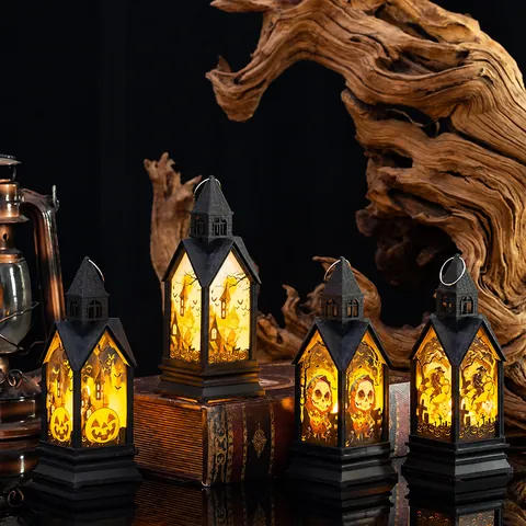 Halloween LED Laterne Gotisches Schlossdesign Mit Kürbis Totenkopf Hexe Mustern Für Party Zuhause Tischdekoration Licht