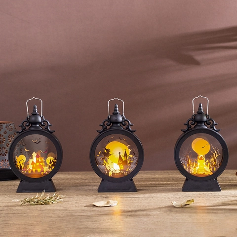 Retro Round Halloween LED Decorative Lantern Battery Operated Electronic Candle Light With Pumpkin Witch Castle Silhouettes For Party Decor