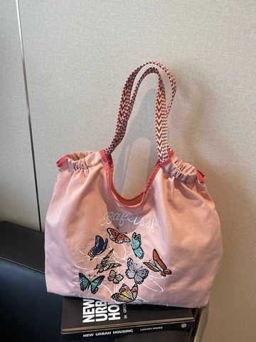 Women Large Capacity Canvas Tote Bag Butterfly Embroidery Casual Shoulder Bag With Braided Strap Drawstring Shopping Bag