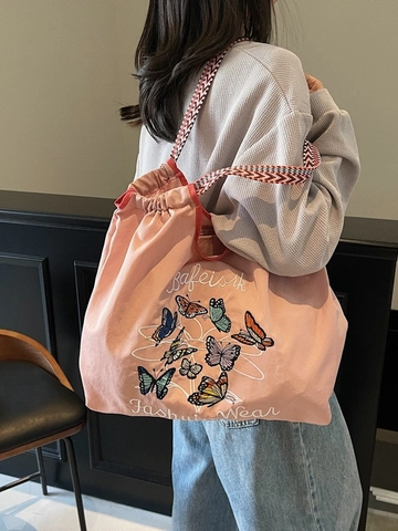 Women Large Capacity Canvas Tote Bag Butterfly Embroidery Casual Shoulder Bag With Braided Strap Drawstring Shopping Bag