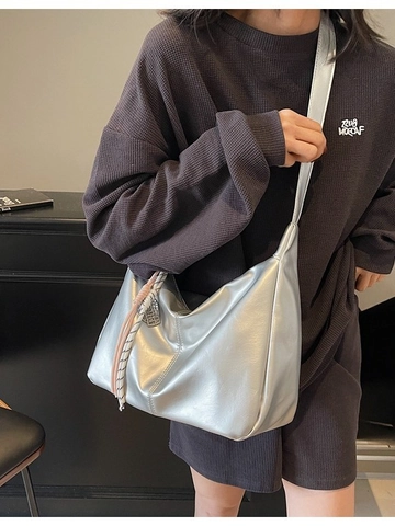 Women Large Capacity PU Leather Hobo Crossbody Bag Casual Fashion Minimalist Shoulder Bag With Braided Rope Pendant Charm