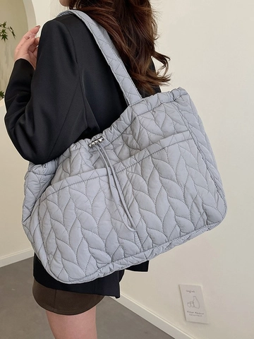 Bolso Tote Acolchado de Gran Capacidad para Mujer Nylon Ligero Patrón de Hojas Bolso de Hombro Hinchado para Viaje Diario Estilo Casual