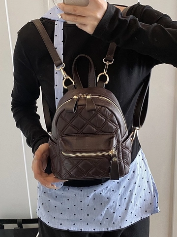 Mochila Mini Acolchada para Mujer Cuero PU Patrón Diamante Herrajes Dorados Bolso de Día Pequeño Compras Casual