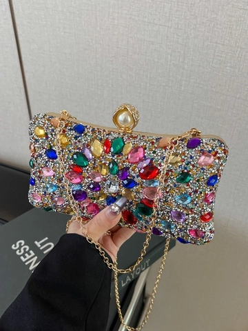 Lussuosa Borsa da Sera Clutch con Strass da Donna Motivo a Fiori Radiante Pochette Festa Con Catena in Metallo Perla Artificial