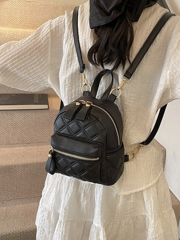 Mochila Mini Acolchada para Mujer Cuero PU Patrón Diamante Herrajes Dorados Bolso de Día Pequeño Compras Casual