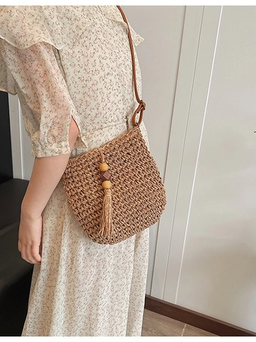 Sac Bandoulière Seau En Paille Tissée Pour Femmes Avec Perles En Bois Et Glands Sac À Épaule De Plage