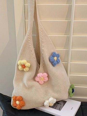Women's Casual Knit Crochet Shoulder Bag With 3D Flower Large Capacity Handmade Beige Tote Bag For Summer Beach Travel Shopping