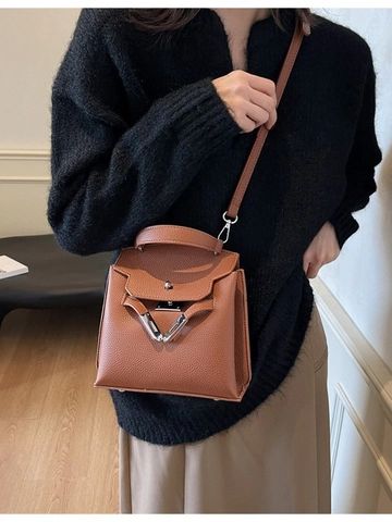 Sac à Main Vintage pour Femme Motif Litchi en Cuir PU Sac à Bandoulière Avec Fermoir Argenté Poignée Supérieure pour Travail