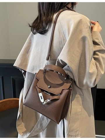 Sac à Main Vintage pour Femme Motif Litchi en Cuir PU Sac à Bandoulière Avec Fermoir Argenté Poignée Supérieure pour Travail