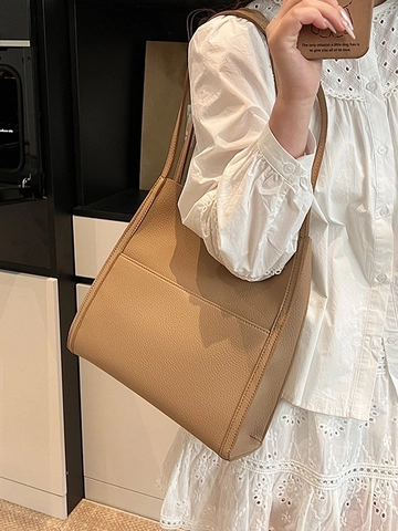 Damen Große Kapazität PU Leder Tote Bag Minimalistisch Litschi Muster Schulter Achseltasche Pendler Handtasche Großer Shopper