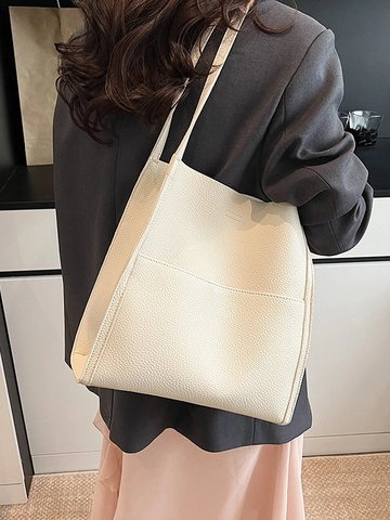 Damen Große Kapazität PU Leder Tote Bag Minimalistisch Litschi Muster Schulter Achseltasche Pendler Handtasche Großer Shopper