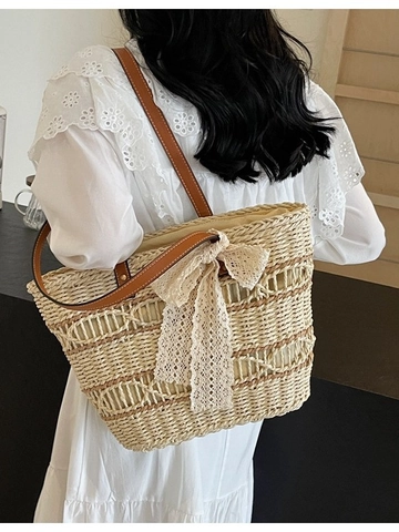 Γυναικεία Καλοκαιρινή Υφαντή Τσάντα Tote από Άχυρο Μεγάλης Χωρητικότητας Τσάντα Ώμου Παραλίας Με Δαντελένιο Φιόγκο Λαβή από Δέρμα PU