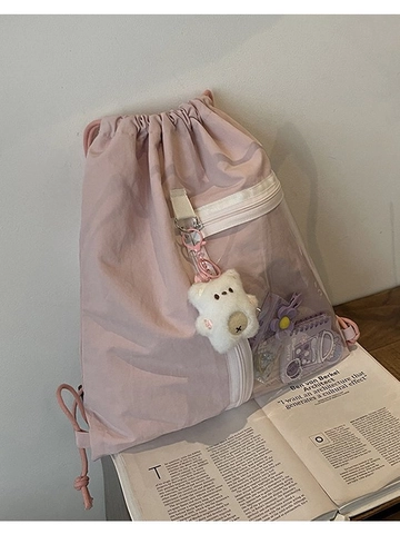 Large Capacity Nylon Drawstring Backpack For Women Student School Bag Transparent PVC Pocket Bear Pendant Casual Daypack