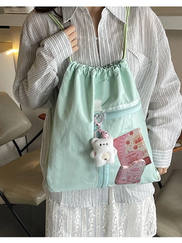 Large Capacity Nylon Drawstring Backpack For Women Student School Bag Transparent PVC Pocket Bear Pendant Casual Daypack