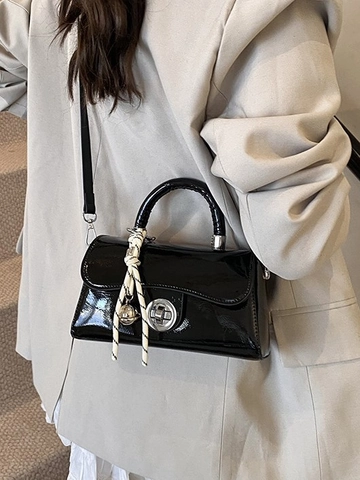 Fashion Patent Leather Small Square Crossbody Bag For Women With Scarf Pendant Silver Lock Lady Shoulder Elegant Handbag