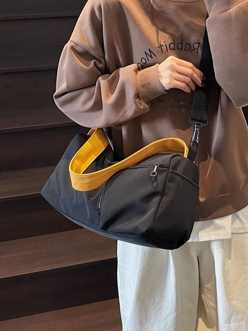Large Capacity Canvas Boston Bag For Women Casual Shoulder Bag With Contrast Color Strap Fashion Travel Crossbody Bag Zipper Handbag