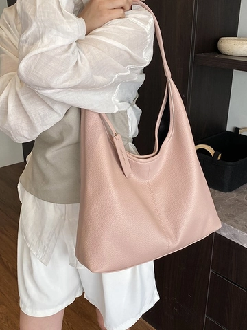 Bolso Hobo de Cuero PU con Grano de Guijarro Gran Capacidad Mujer Moda Color Sólido Tote Bolso de Hombro Cierre Magnético