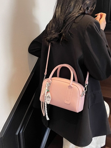 Sac Boston pour Femmes en Cuir PU à Motif Litchi Sac à Bandoulière Tendance Oreiller Avec Pendentif Décoratif en Perles