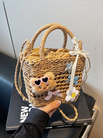 Dames Gevlochten Stro Emmer Tas Schattige Pluche Beer Strik Decoratie Strand Vakantie Crossbody Schoudertas Trekkoord Binnentas