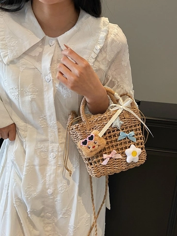 Dames Gevlochten Stro Emmer Tas Schattige Pluche Beer Strik Decoratie Strand Vakantie Crossbody Schoudertas Trekkoord Binnentas