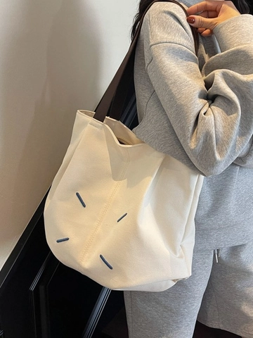 Sac Cabas en Toile Pour Femmes Grande Capacité Sac à Bandoulière Décontracté Polyvalent Avec Surpiqûres Décoratives