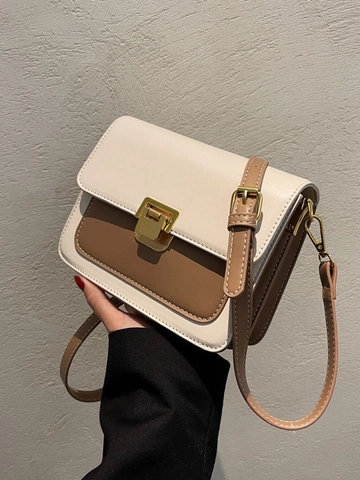 Women Vintage PU Leather Small Square Crossbody Bag Contrast Color Shoulder Bag With Metal Lock Accordion Sides Purse