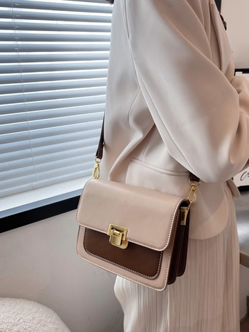 Women Vintage PU Leather Small Square Crossbody Bag Contrast Color Shoulder Bag With Metal Lock Accordion Sides Purse