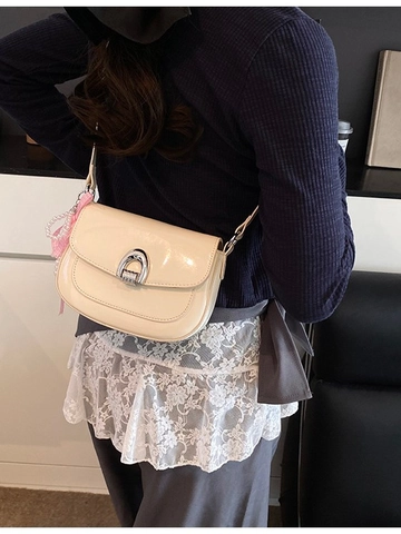 Women Fashion Patent Leather Saddle Crossbody Bag Luxury PU Shoulder Bag With Detachable Pearl Ribbon Charm Mini Square Handbag