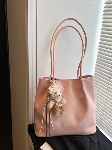 Borsa Tote Grande Capacità Donna Morbida Pelle PU Minimalista Borsa a Spalla Pendolarismo Shopping Borsa a Mano Con Pendaglio Orsetto