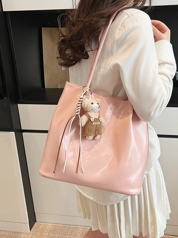 Borsa Tote Grande Capacità Donna Morbida Pelle PU Minimalista Borsa a Spalla Pendolarismo Shopping Borsa a Mano Con Pendaglio Orsetto