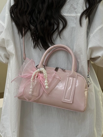 Borsa Boston Dolce da Donna in Pelle PU Con Fiocco e Künstliche Perle Borsa a Tracolla per Feste Quotidiane Design di Nicchia