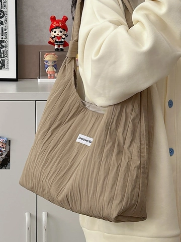 Women Korean Casual Pleated Tote Bag Large Capacity Polyester Shoulder Bag Minimalist Crinkled Daily Chic Hobo Handbag