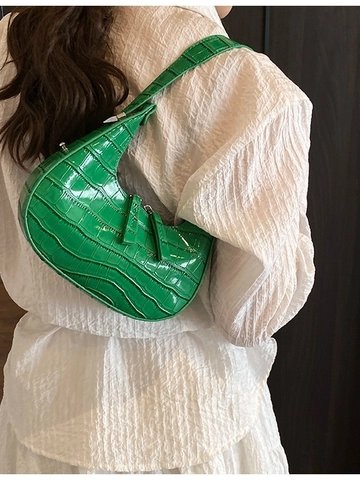 Sac à Bandoulière sous le Bras en Cuir PU pour Femmes Motif Crocodile Mode Forme Demi-Cercle Croissant Finition Laquée Brillante Sac à Main Rétro avec Quincaillerie Argentée