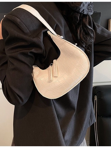 Sac à Bandoulière sous le Bras en Cuir PU pour Femmes Motif Crocodile Mode Forme Demi-Cercle Croissant Finition Laquée Brillante Sac à Main Rétro avec Quincaillerie Argentée
