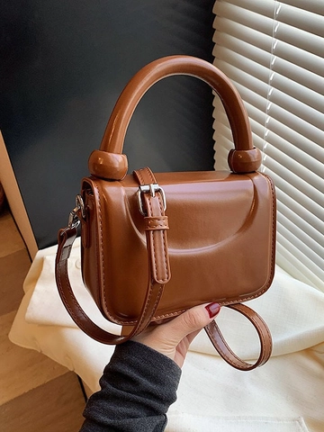 Damen Mode Glänzend PU Leder Kleine Quadratische Handtasche Minimalistisch Rundgriff Umhängetasche Nischen Koreanischer Stil Tasche