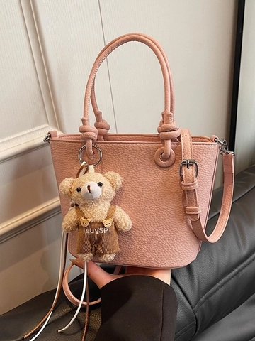 Women Fashion PU Leather Bucket Bag Lychee Pattern Knotted Handle Handbag With Plush Bear Pendant Casual Shoulder Crossbody Bag