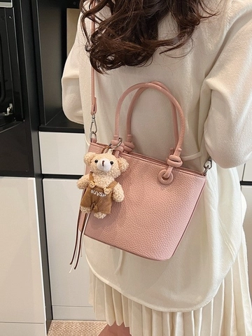 Women Fashion PU Leather Bucket Bag Lychee Pattern Knotted Handle Handbag With Plush Bear Pendant Casual Shoulder Crossbody Bag